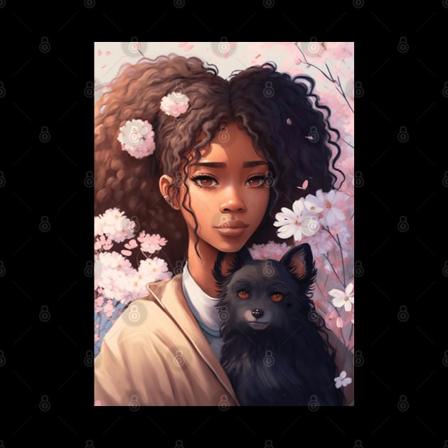 Floral Cute Anime black girl with her cute black dog by GothicDesigns