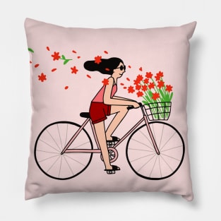 Girl Cycling with Flowers Pillow