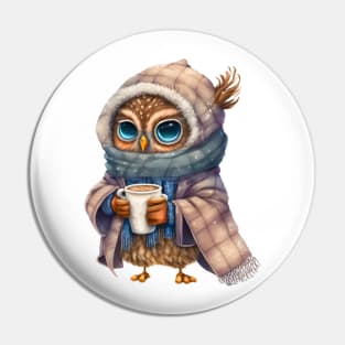 Chibi Owl Drinking Hot Chocolate Cute Baby Christmas Scarf Beanie Pin