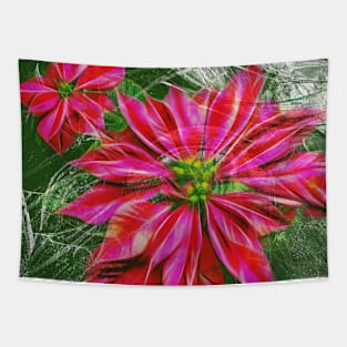 Abstract vibrant red poinsettia on green texture Tapestry