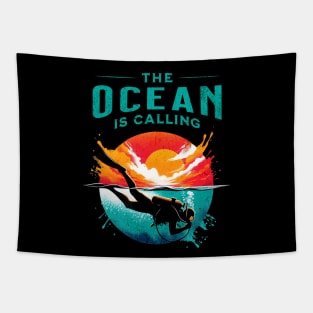 The Ocean is Calling Scuba Diver Design Tapestry