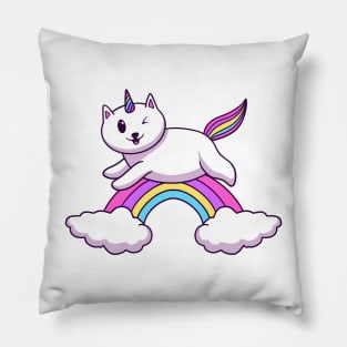 Cat Unicorn On Rainbow Cloud Pillow