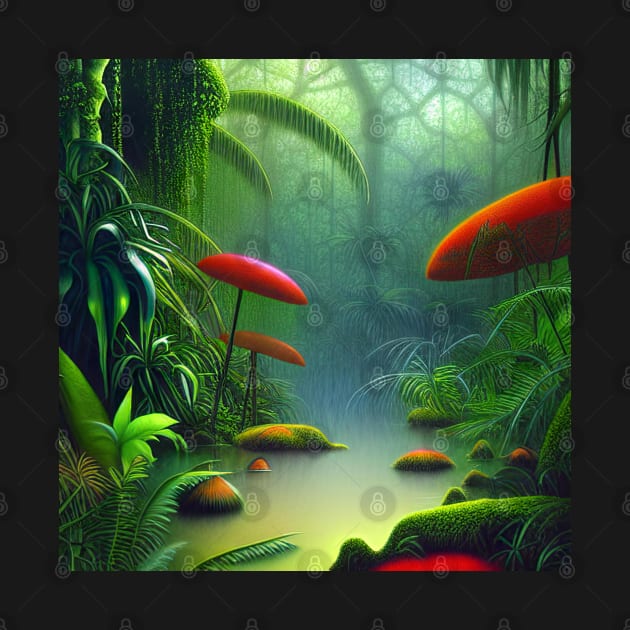 Digital Painting Of a Lush Wet Natural Jungle and Lake by Promen Art