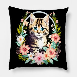 Tiger Striped kitten Surrounded by Beautiful Spring Flowers Pillow