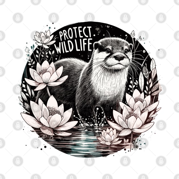 Protect Wildlife - Otter and water lilies by PrintSoulDesigns