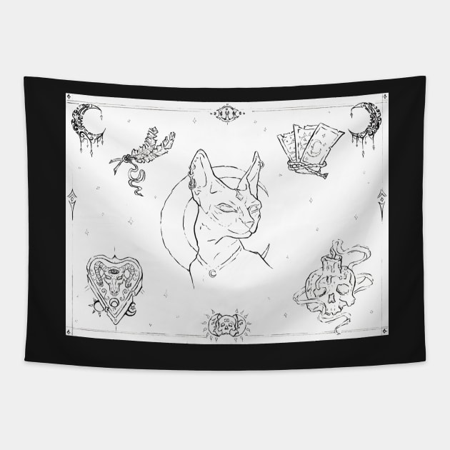 Flash Sheet Wiccan Sphinx Magic inspired traditional tattoo pen and ink Tapestry by IrenesGoodies