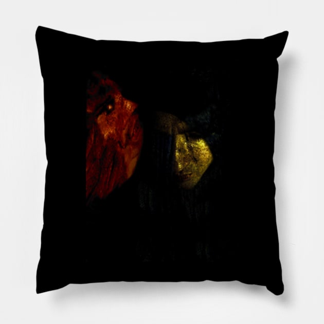 Portrait, collage, special processing. Man, dark costume, long hair, looking down. On left demon of gold. Gold and orange. Pillow by 234TeeUser234