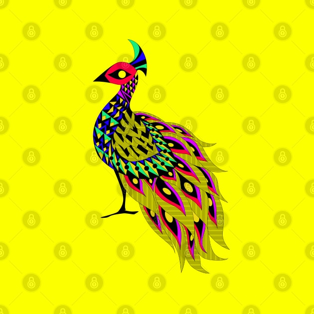 yellow amazing peacock pavo real ecopop in mexican totonac art pattern by jorge_lebeau