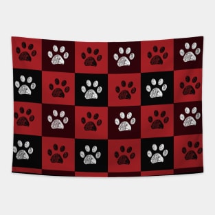 Plaid red and black pattern christmas design with paw prints Tapestry