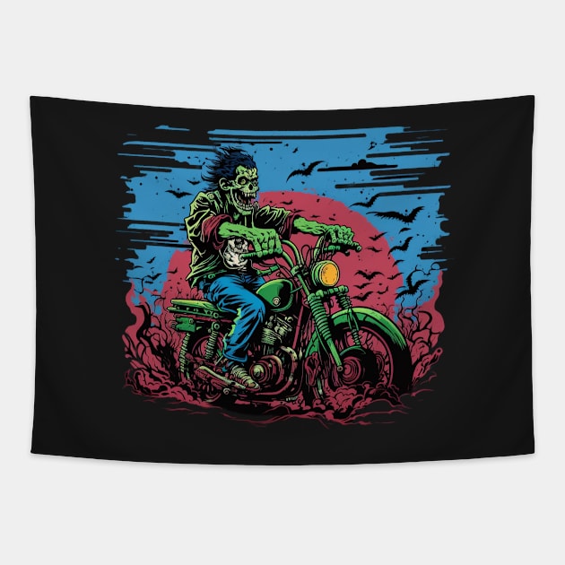 Zombie riding a motorcycle Tapestry by pxdg