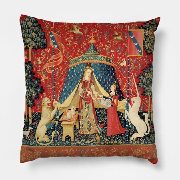 LADY AND UNICORN DESIRE ,Lion,Fantasy Flowers,Animals,Red Green Floral Pillow by BulganLumini