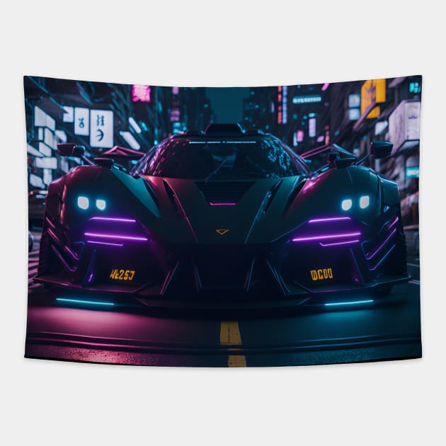 Dark Neon Sports Car in Japanese Neon City Tapestry by star trek fanart and more