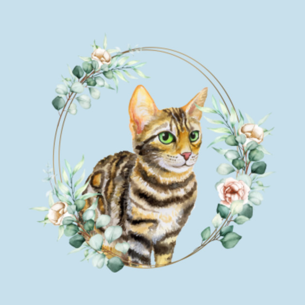 Disover Bengal Cat with Green Eyes in a Floral Gold Wreath Frame - Bengal Cat With Green Eyes Portrait - T-Shirt