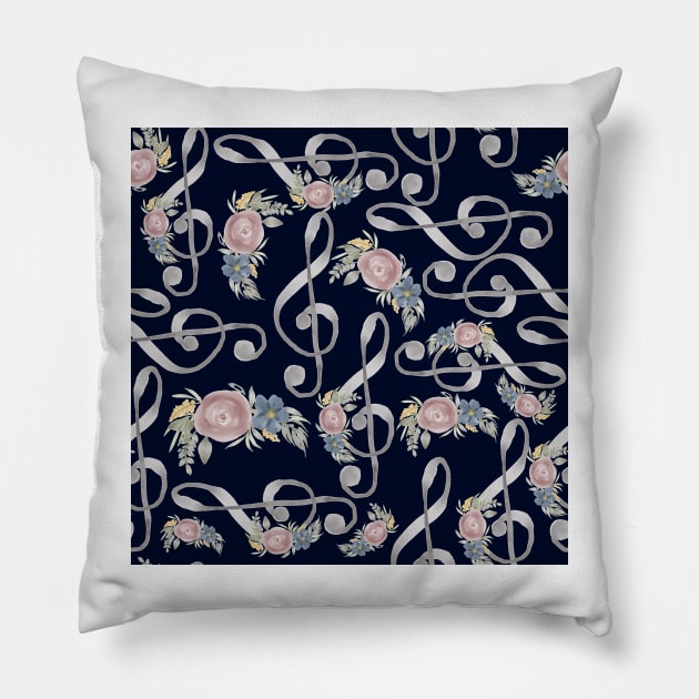 Watercolor Treble Clef on dark navy Pillow by Harpleydesign