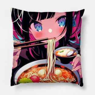 Cute Anime Girl |  Ramen Noodles | Hentaii Chibi Kawaii Design Pillow