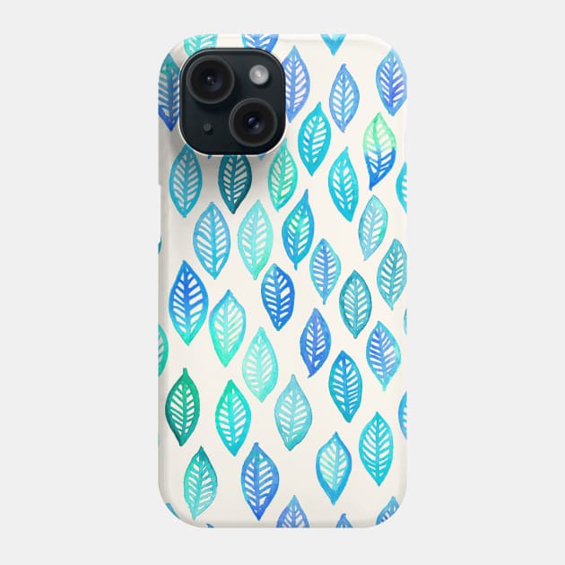 Watercolor Leaf Pattern in Blue & Turquoise Phone Case by micklyn