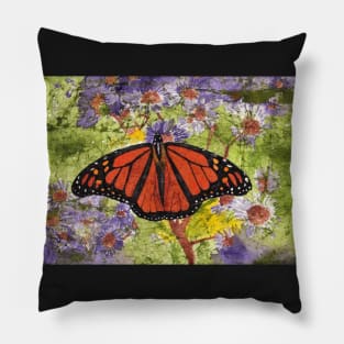 Monarch Butterfly On Purple Flowers Watercolor Batik Pillow