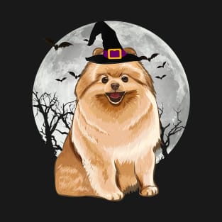 Scary Pomeranian Dog Witch Hat Halloween T-Shirt