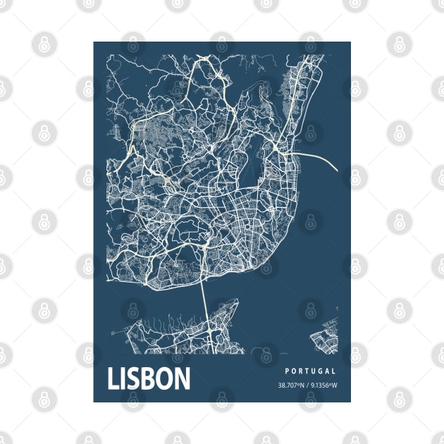 Lisbon Blueprint Street Map, Lisbon Colour Map Prints by tienstencil