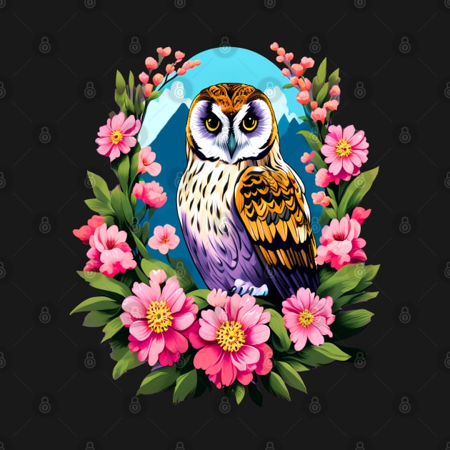 A Cute Short Eared Owl Surrounded by Bold Vibrant Spring Flowers by BirdsnStuff