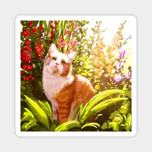 Patterned white orange Cat Chilling in the garden surrounded by flowers Magnet