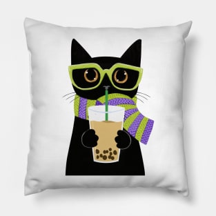 Lazy Black Cat Drinking Milk Tea Pillow