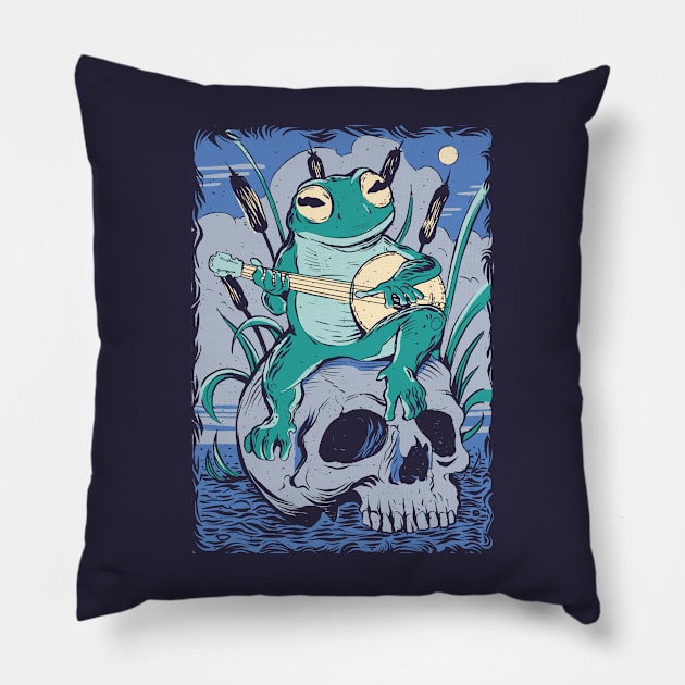 Creepy Cottage Core Banjo Frog on a Skull Pillow by SLAG_Creative