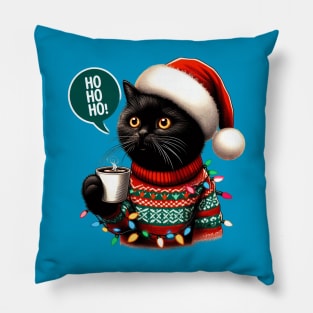 Santa Black Cat Tangled Up In Christmas Tree Lights Holiday Pillow