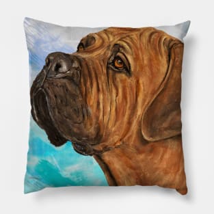 Painting of a Gorgeous Brown Boxer on Light Blue Background Pillow