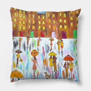 Huge Raindrops falling on Colourful Umbrellas Pillow