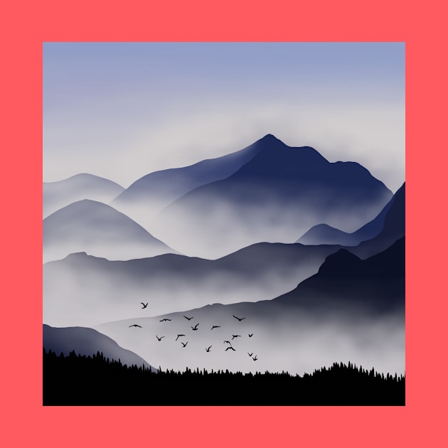 Flock of Birds over Foggy Rocky Hills Landscape Digital Illustration by AlmightyClaire