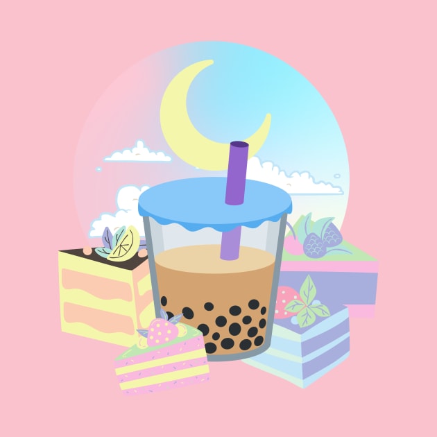 Boba Tea Cake Pastel Kawaii Moon Bubble Tea Dessert Cute Japanese Y2K Vaporwave by Super Kawaii Club