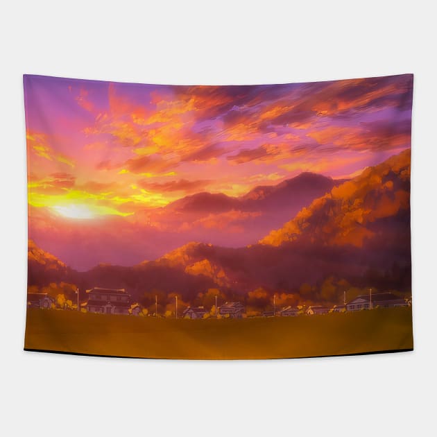 Colorful Sunset in Countryside Anime Tapestry by Aniscape