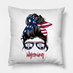 wyoming girl Messy bun , American Girl , wyoming Flag Pillow