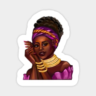 Afro Queen Black is beautiful anime manga black girl with Gold bangles, neck ring necklace, purple dress and head wrap, brown eyes and dark brown skin ! Magnet