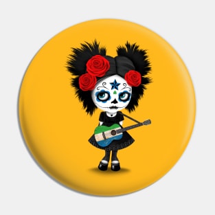 Sugar Skull Girl Playing Sierra Leone Flag Guitar Pin