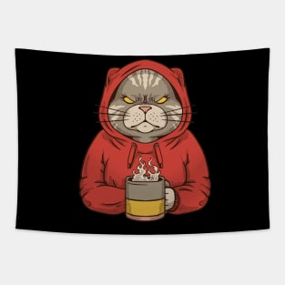 Angry cat with hoodie and coffee Tapestry