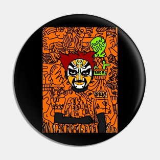 Hatshepsut - Male Character with Chinese Mask and Dark Eyes in a Doodle Background Pin
