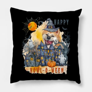 Akita Inu Happy Howl-o-ween Ghost Houses Funny Watercolor Pillow