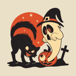 Vintage Halloween Cat and Ghost Scene T-Shirt