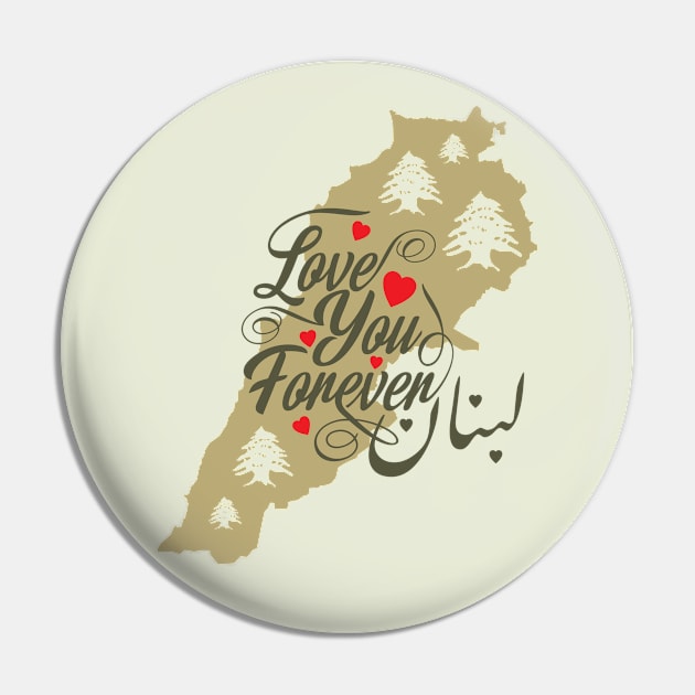 I Love Lebanon Map Arabic Calligraphy with Hearts and Flag Cedar Tree Icons - drk Pin by QualiTshirt