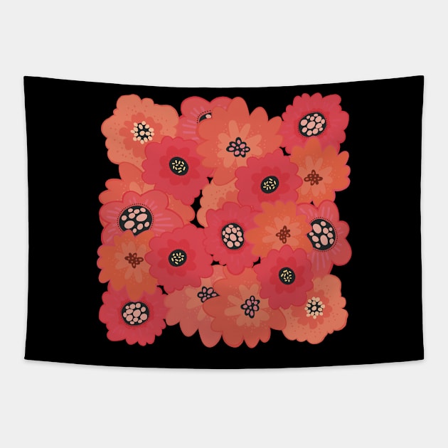 Fun , warm flowerpower pattern in 1970-style, orange, red, pink, black, peach Tapestry by marina63