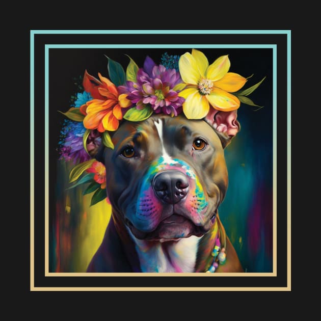 Sweet American Staffordshire Pit Bull Vibrant Flower Digital Oil Painting Portrait by ArtHouseFlunky