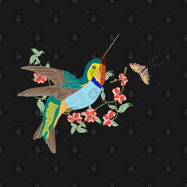 Lovely Flying Hummingbird Butterfly Flowers illustration by LizzyizzyDesign