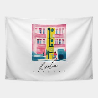 Berlin Street Light Pink Yellow Gouache Travel Poster Retro Wall Art Illustration Tapestry