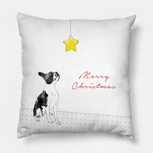A Boston Terrier Christmas Pillow by Ludwig Wagner