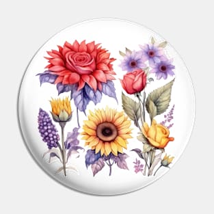 Anemones Sunflower Lavender Watercolor Pin