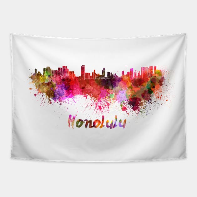 Honolulu skyline in watercolor Tapestry by PaulrommerArt