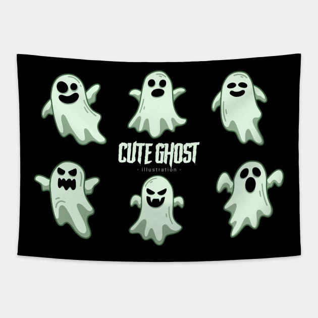 Set of collection cute ghost horror cartoon flat design hand drawn spooky emoji funny spirit doodle Tapestry by drydenshops