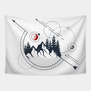 Abstract Forest Mountains, Red Moon, Black Design Tapestry